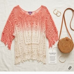 Claire's Coral and Cream Crochet Crop Top